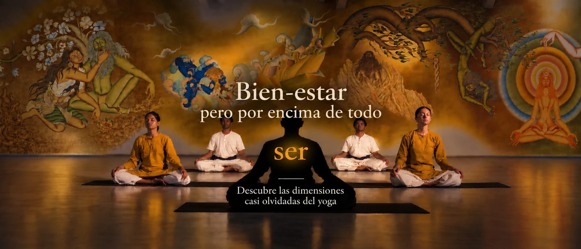 Cinco personas meditan sentadas en la gran sala, frente a un inmenso mural dorado. En la imagen: «Bien-estar pero por encima de todo ser. Descubre las dimensiones casi olvidadas del yoga.»